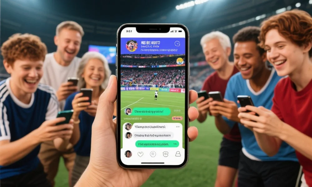 一群不同年龄和性别的体育爱好者，正通过手机APP互动交流，屏幕上显示赛事直播与实时评论弹幕
